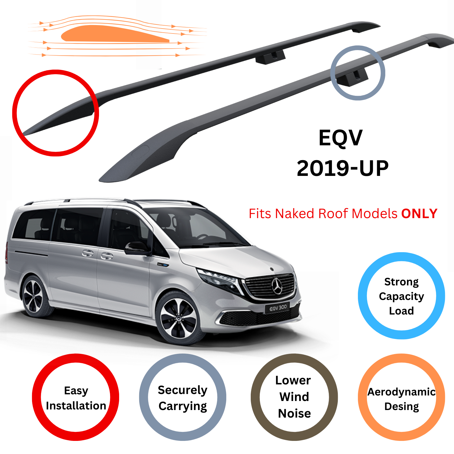 For Mercedes EQV 2019-Up Roof Side Rails Ultimate Style Alu Black