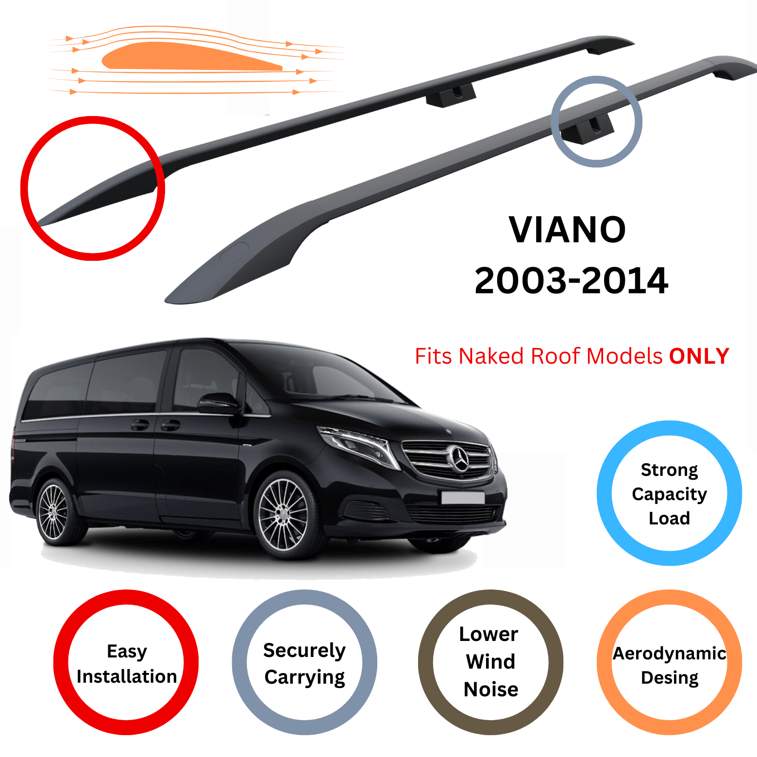 For Mercedes Viano 2003-14 Roof Side Rails Ultimate Style Alu Black