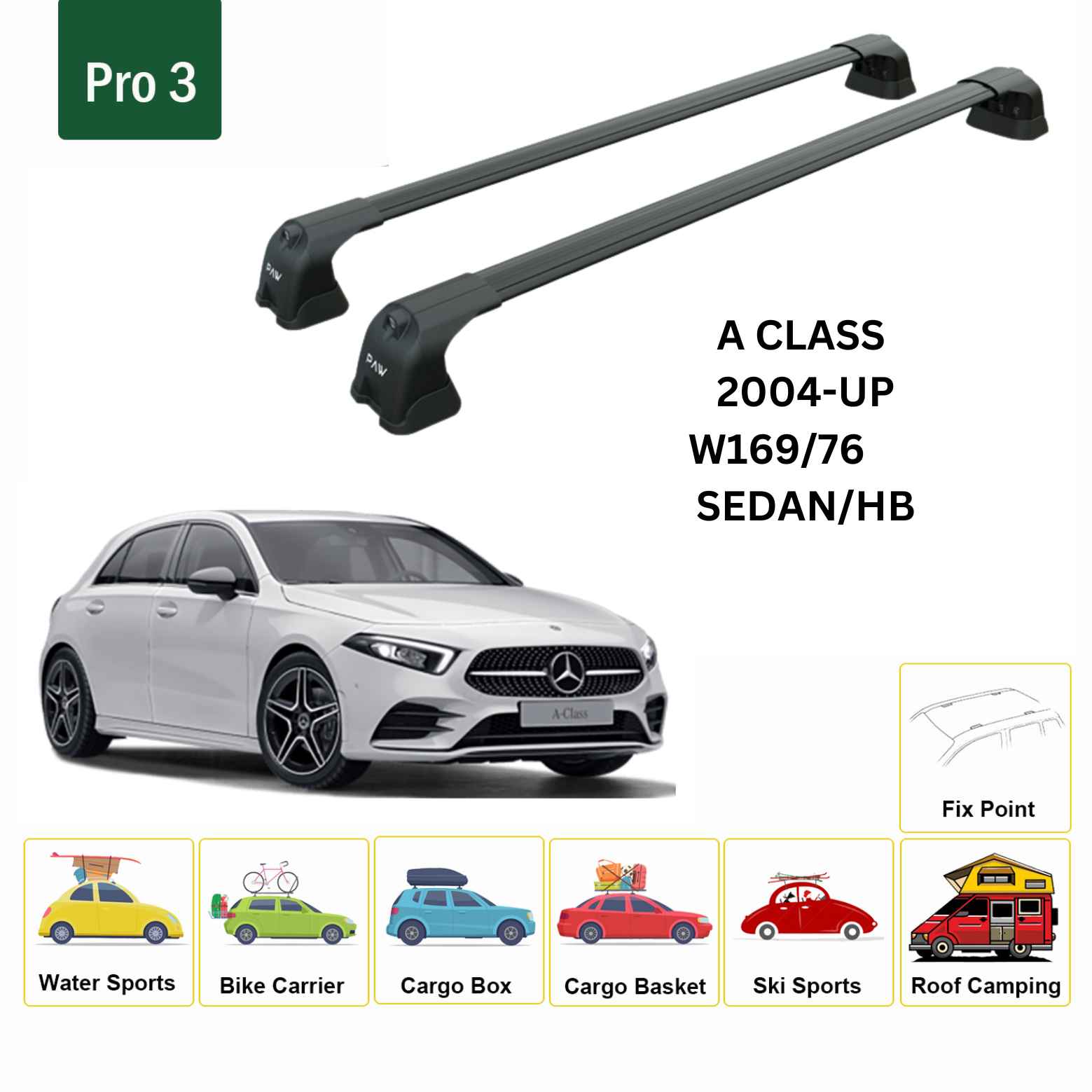 For Mercedes Benz A W169/176 2004-2018 Roof Rack Cross Bars Fix Point Alu Black