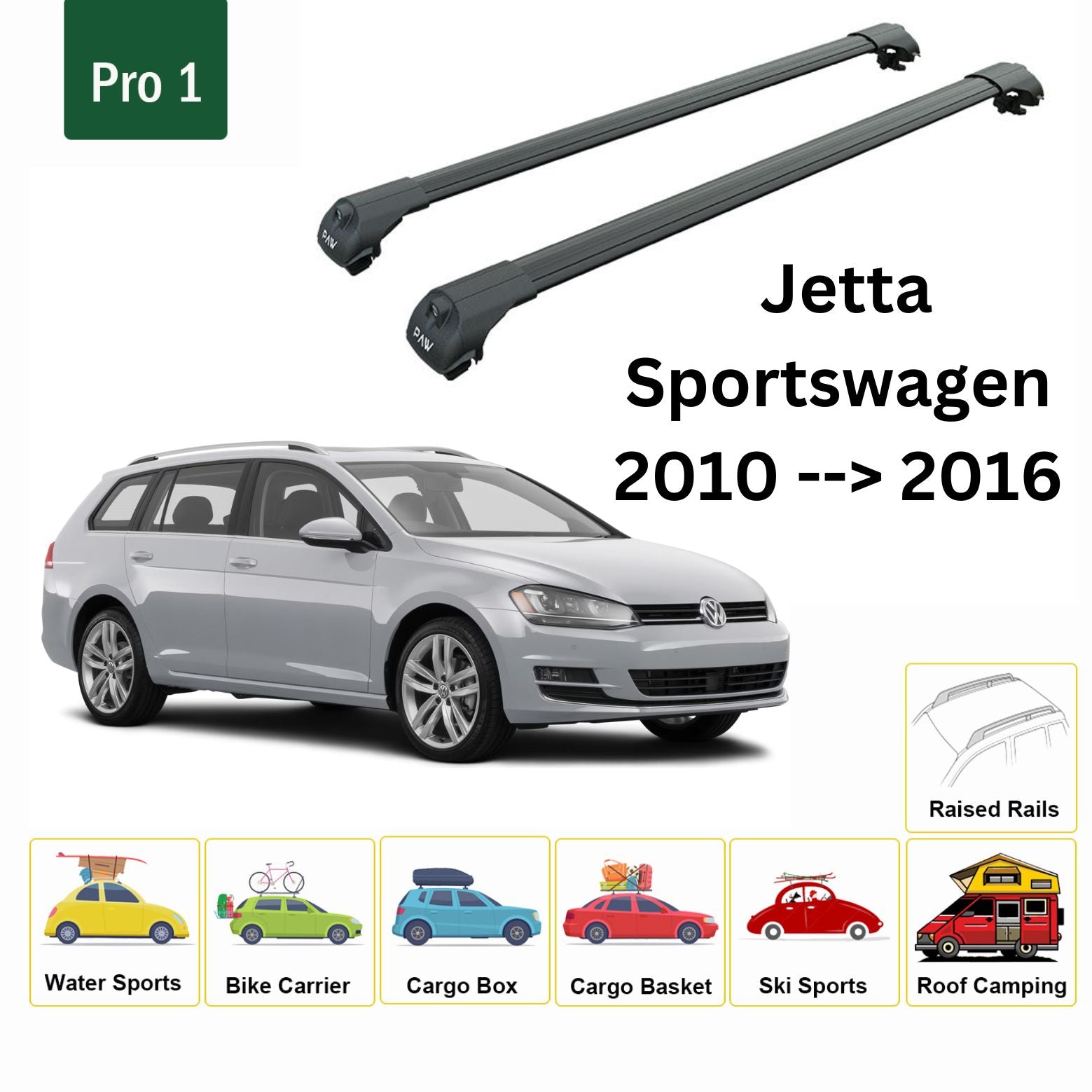 For Volkswagen Jetta SportWagen Roof Rack Cross Bar Raised Rail Alu 2010-2016 Black