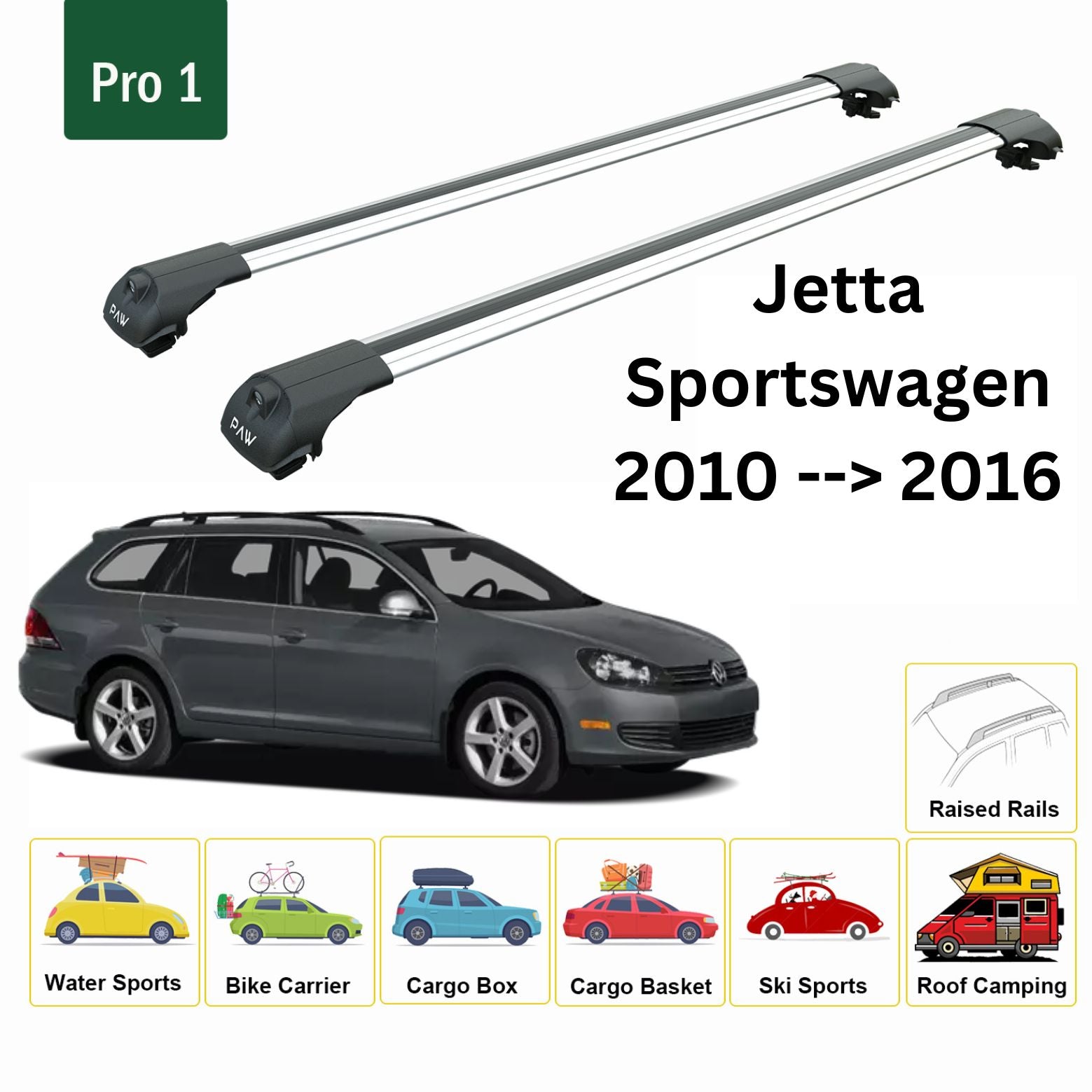 For Volkswagen Jetta SportWagen Roof Rack Cross Bar Raised Rail Alu 2010-2016 Silver