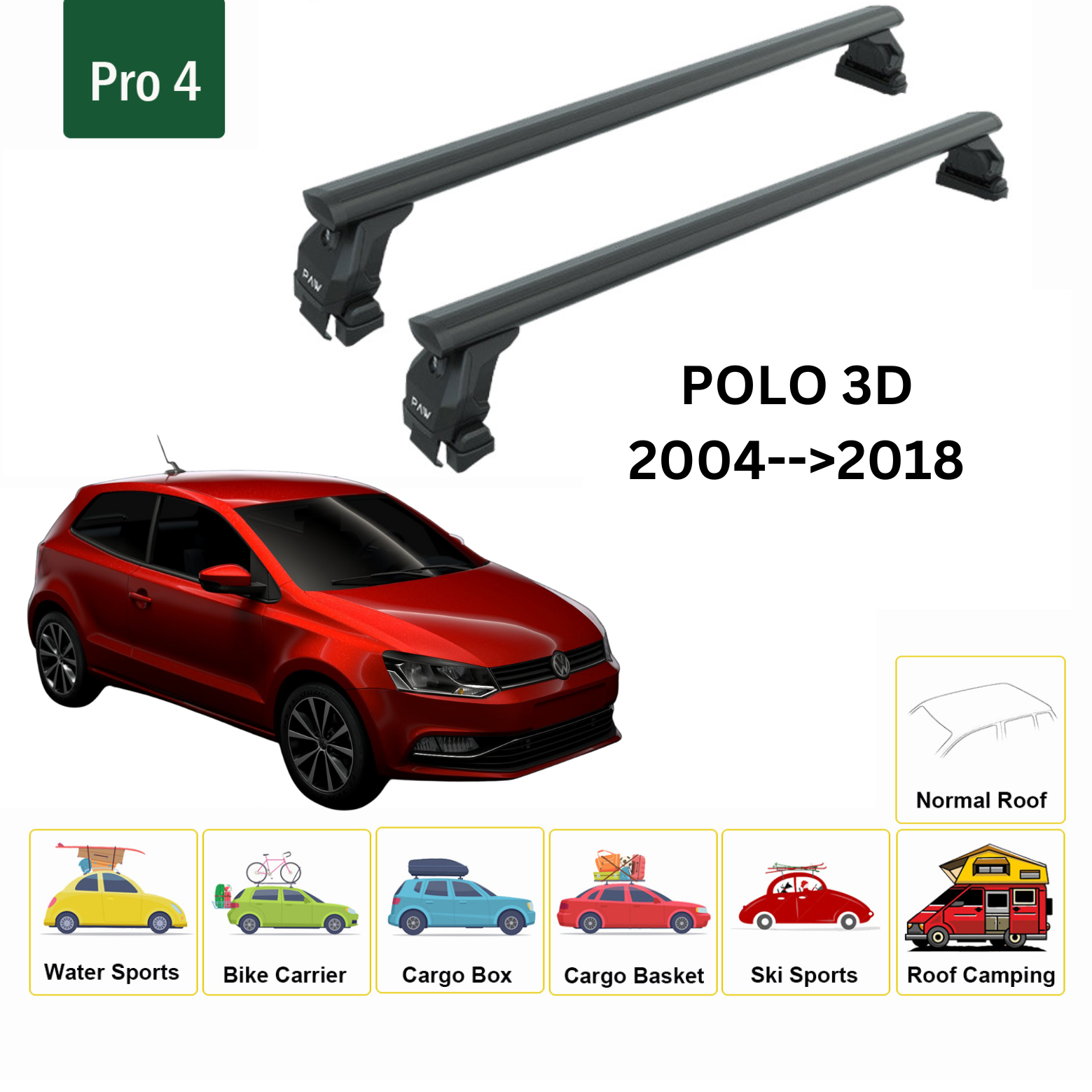 For Volkswagen Polo 3D 2004-2018 Roof Rack Cross Bar Metal Bracket Normal Roof Alu Black