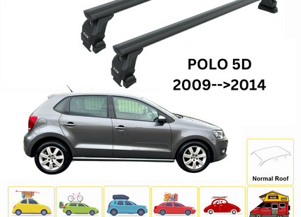 For Volkswagen Polo 5D 2009-2014 Roof Rack Cross Bar Metal Bracket Normal Roof Alu Black
