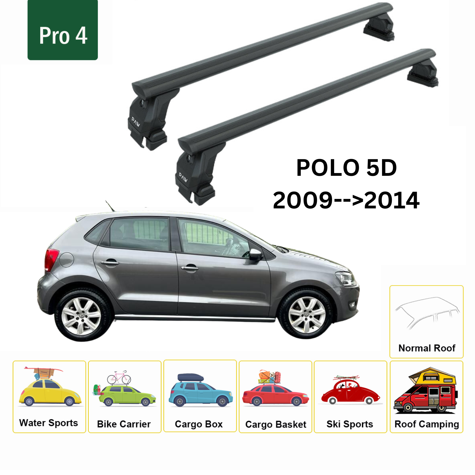 For Volkswagen Polo 5D 2009-2014 Roof Rack Cross Bar Metal Bracket Normal Roof Alu Black