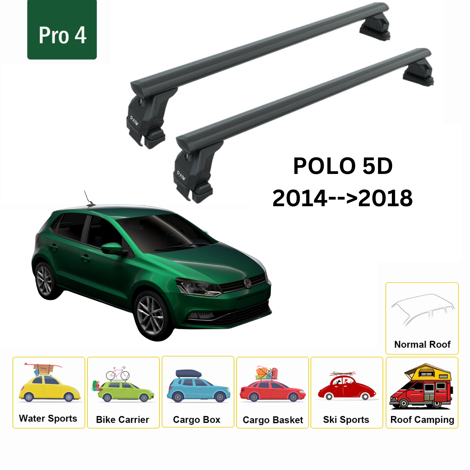 For Volkswagen Polo 5D 2014-2018 Roof Rack Cross Bar Metal Bracket Normal Roof Alu Black