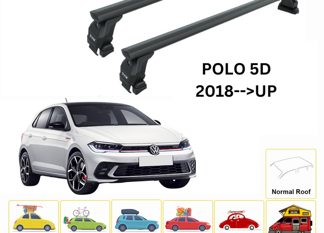 For Volkswagen Polo 5D 2018-Up Roof Rack Cross Bar Metal Bracket Normal Roof Alu Black