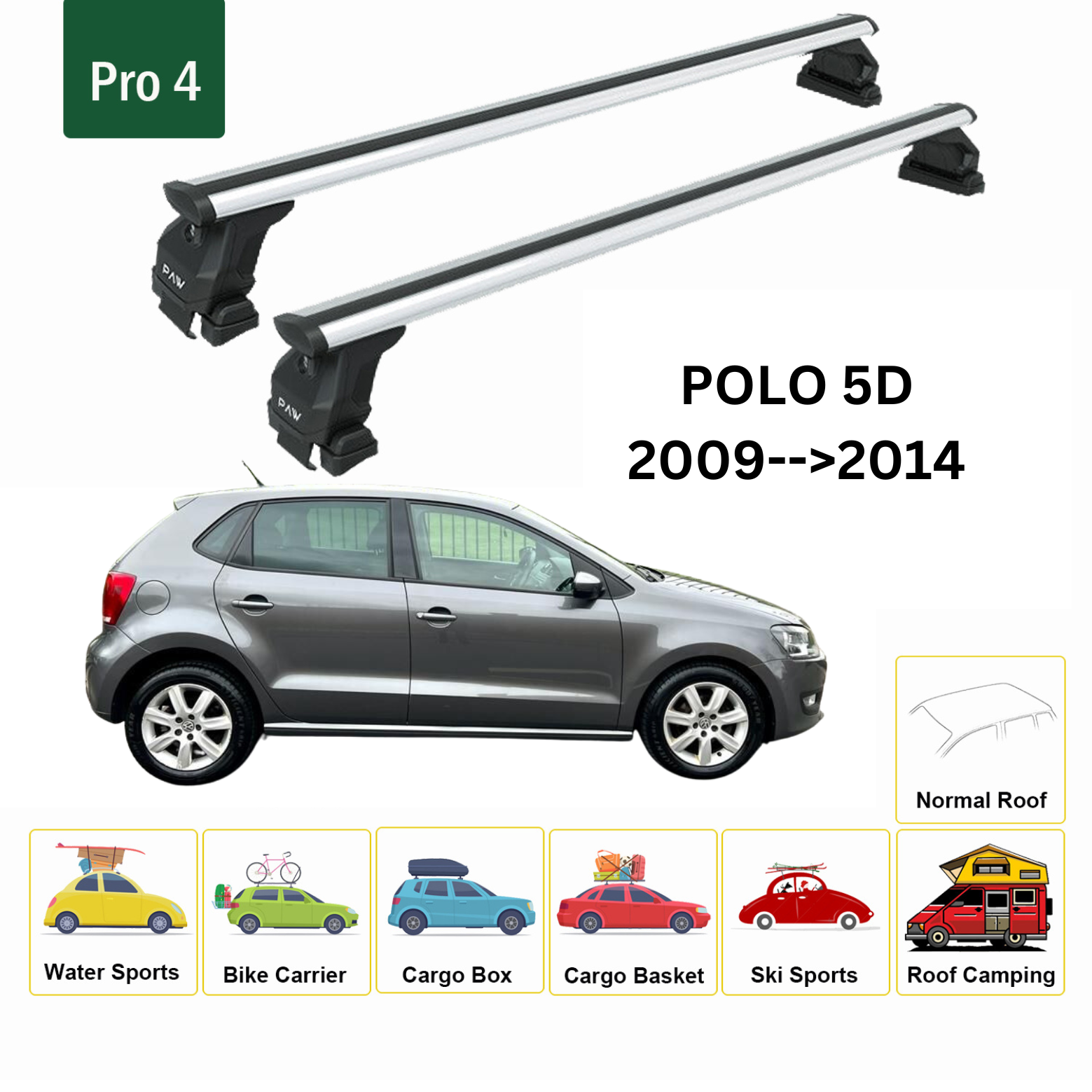 For Volkswagen Polo 5D 2009-2014 Roof Rack Cross Bar Metal Bracket Normal Roof Alu Silver