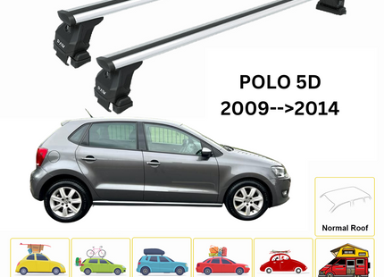 For Volkswagen Polo 5D 2009-2014 Roof Rack Cross Bar Metal Bracket Normal Roof Alu Silver