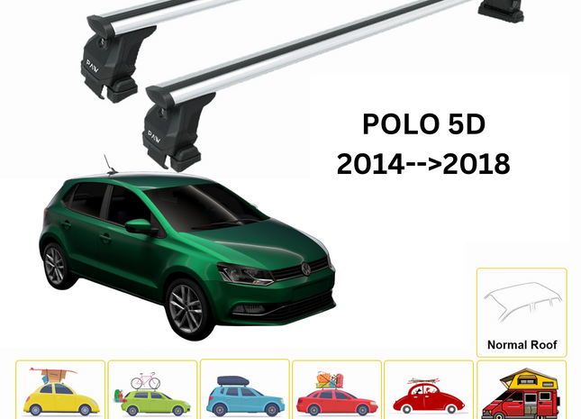 For Volkswagen Polo 5D 2014-2018 Roof Rack Cross Bar Metal Bracket Normal Roof Alu Silver