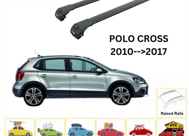For Volkswagen Polo Cross 2010-2017 Roof Rack Cross Bar Metal Bracket Raised Rail Alu Black