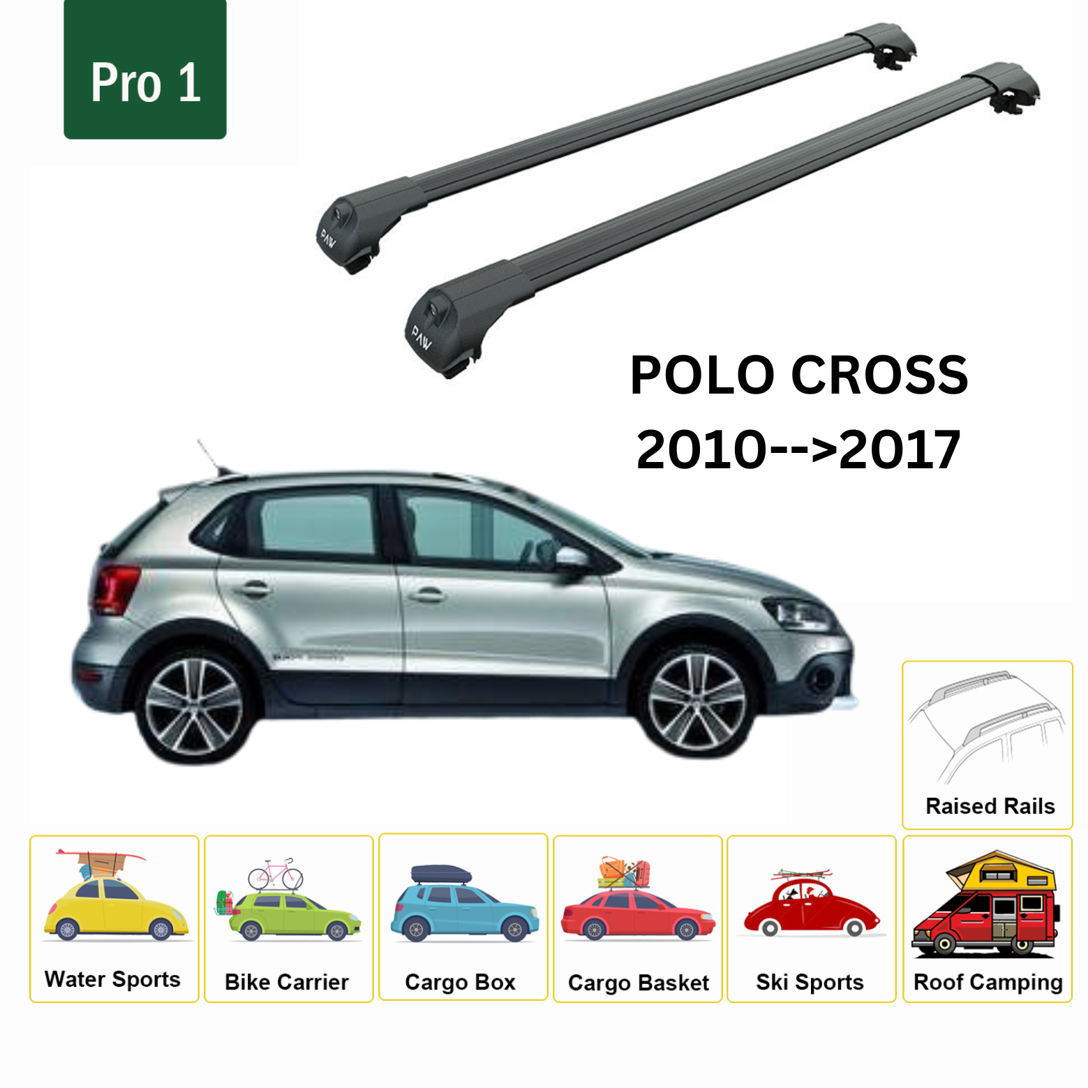 For Volkswagen Polo Cross 2010-2017 Roof Rack Cross Bar Metal Bracket Raised Rail Alu Black