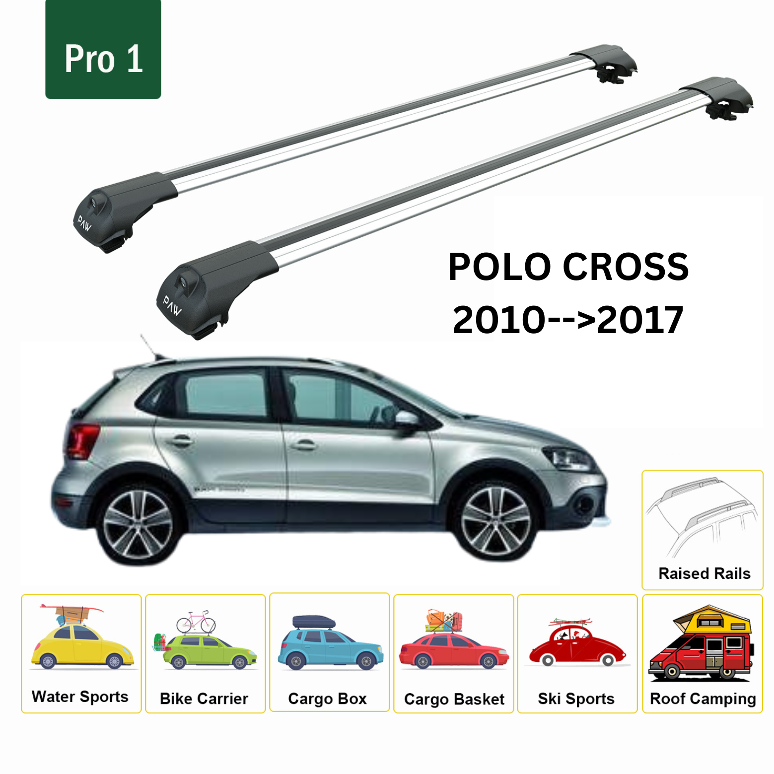 For Volkswagen Polo Cross 2010-2017 Roof Rack Cross Bar Metal Bracket Raised Rail Alu Silver