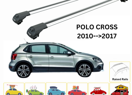 For Volkswagen Polo Cross 2010-2017 Roof Rack Cross Bar Metal Bracket Raised Rail Alu Silver