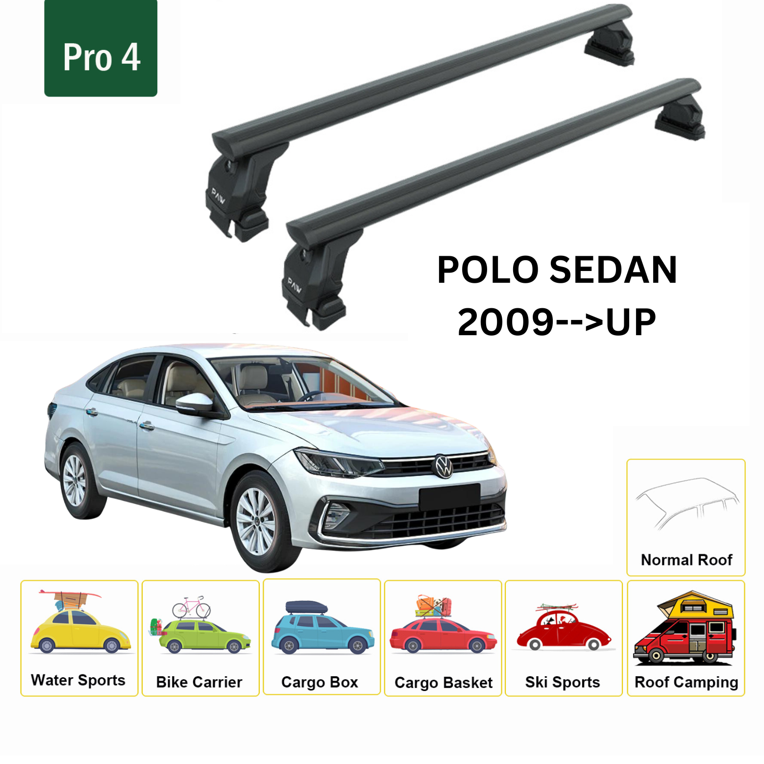 For Volkswagen Polo Sedan 2009-Up Roof Rack Cross Bar Metal Bracket Normal Roof Alu Black