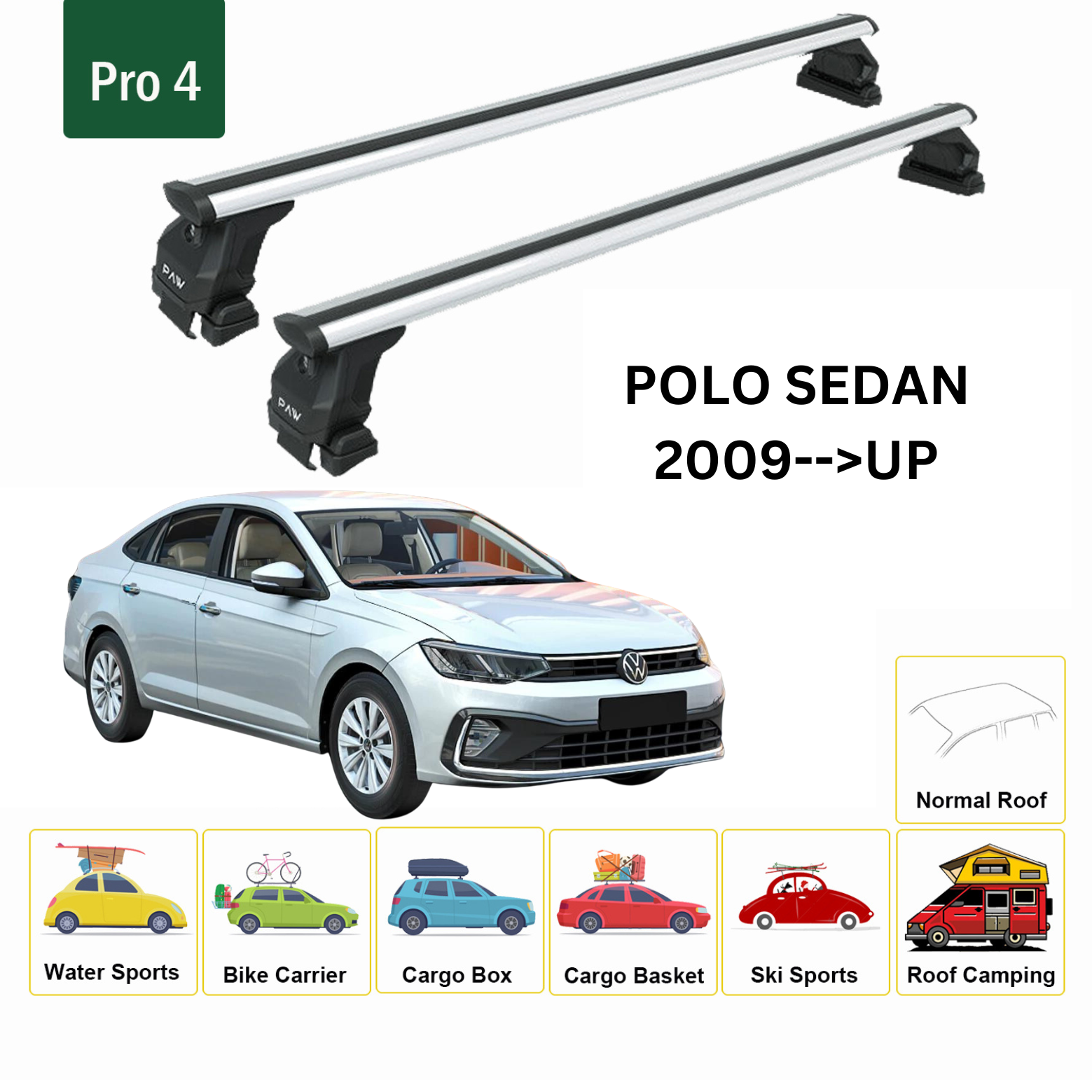 For Volkswagen Polo Sedan 2009-Up Roof Rack Cross Bar Metal Bracket Normal Roof Alu Silver