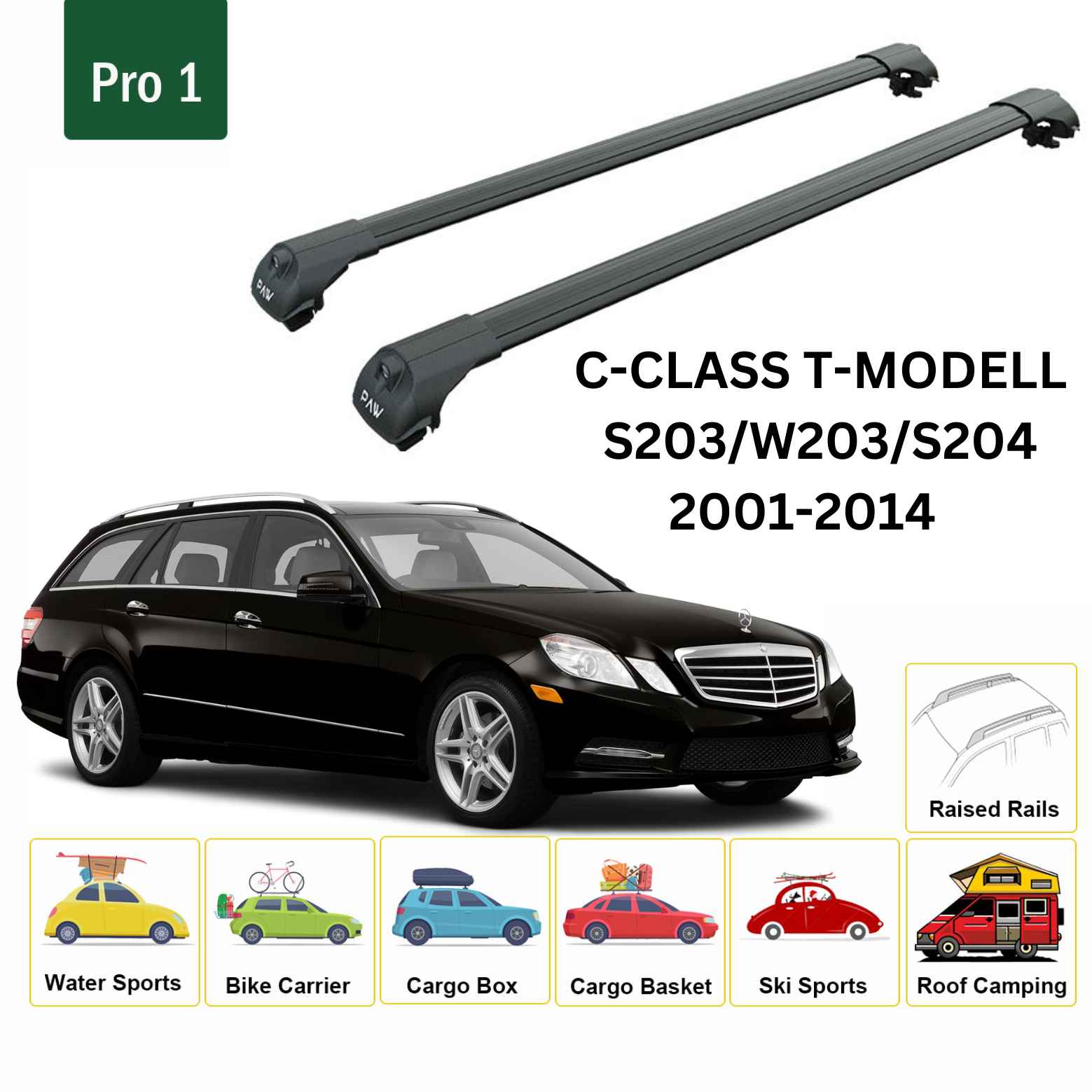 For Mercedes Benz C T-Modell S203/04/W203 2001-14 Roof Rack Cross Bars Raised Rail Alu Black