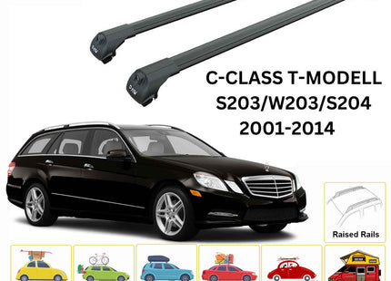 For Mercedes C Estate S203 Roof Rack Cross Bars Raised Rail Alu Black 2001-2014