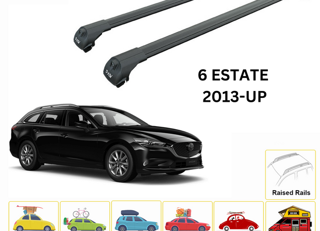 For Mazda 6 Estate 2013-Up Roof Rack Cross Bars Raised Rail Alu Black