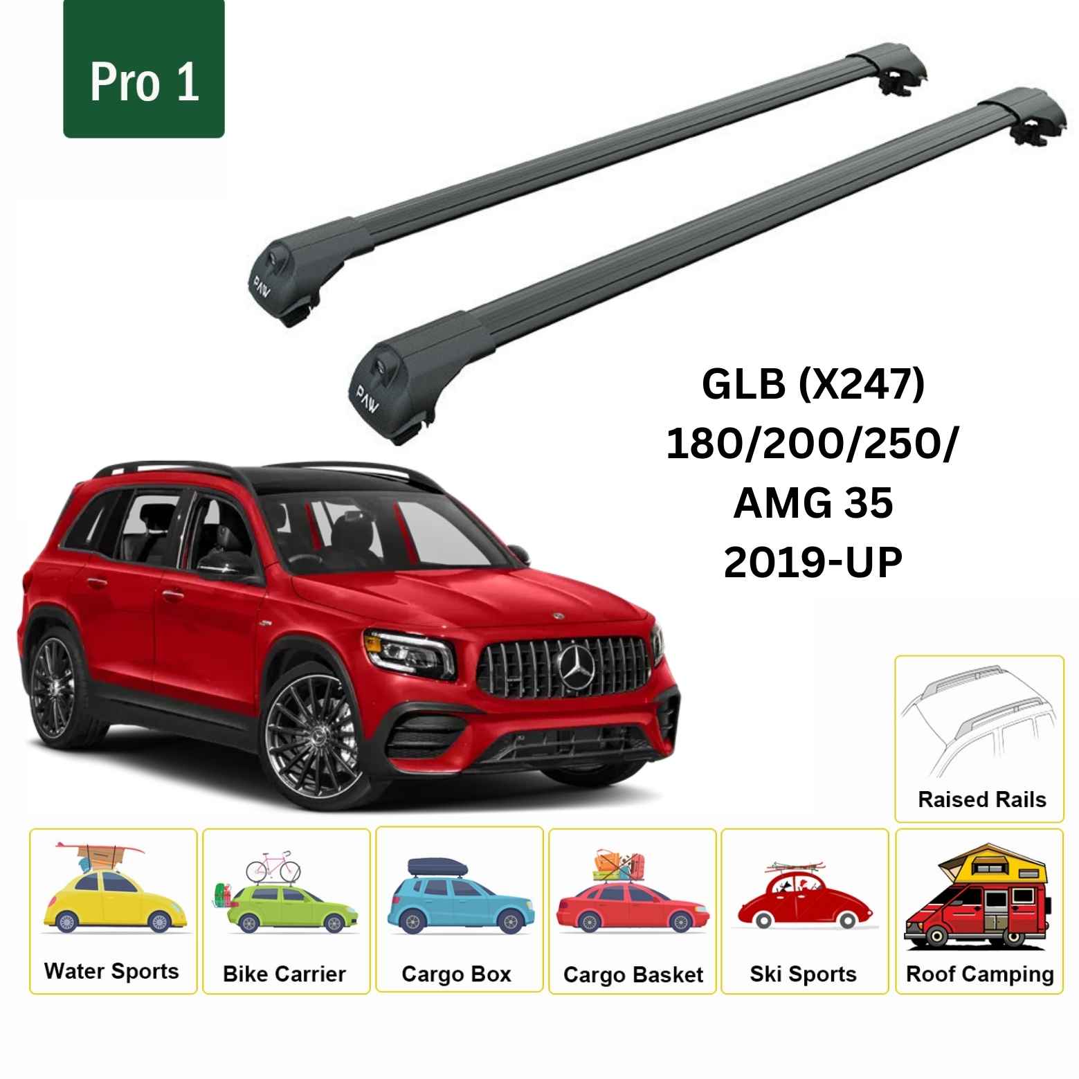 For Mercedes GLB (X247) 2019-Up Roof Rack Cross Bars Raised Rail Alu Black