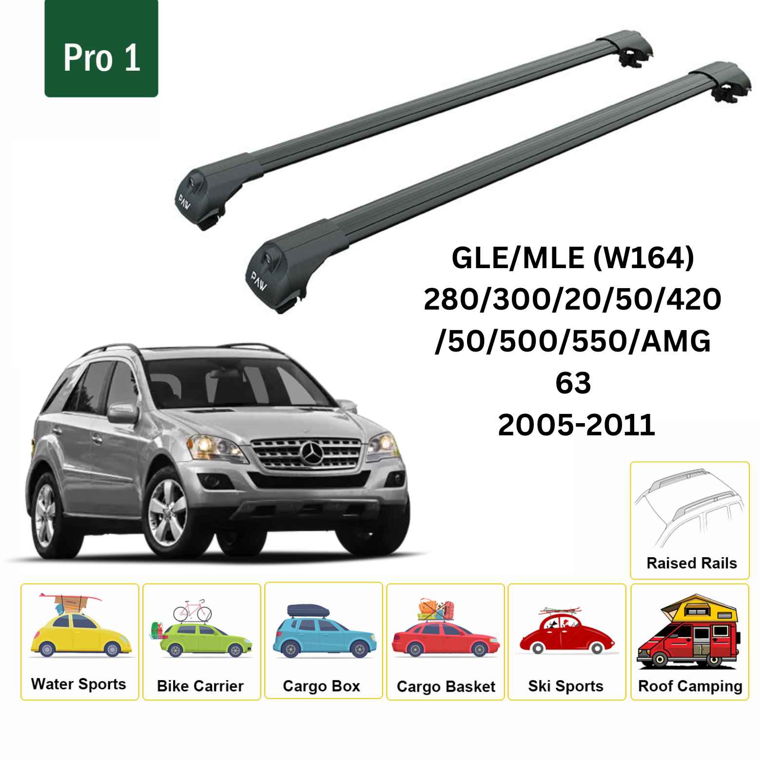 For Mercedes GLE/MLE (W164) 2005-11 Roof Rack Cross Bars Raised Rail Alu Black