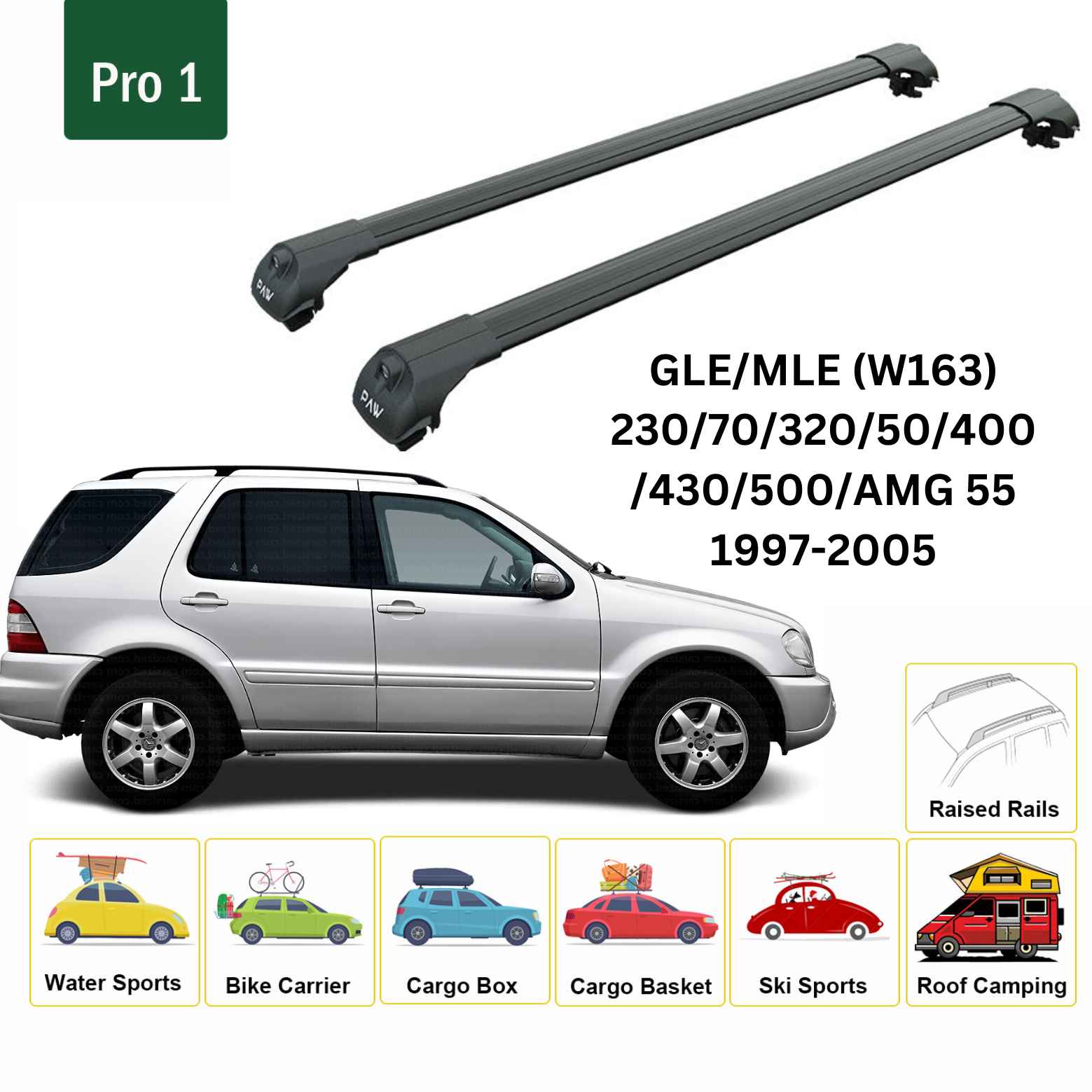 For Mercedes GLE/MLE (W163) 1997-05 Roof Rack Cross Bars Raised Rail Alu Black