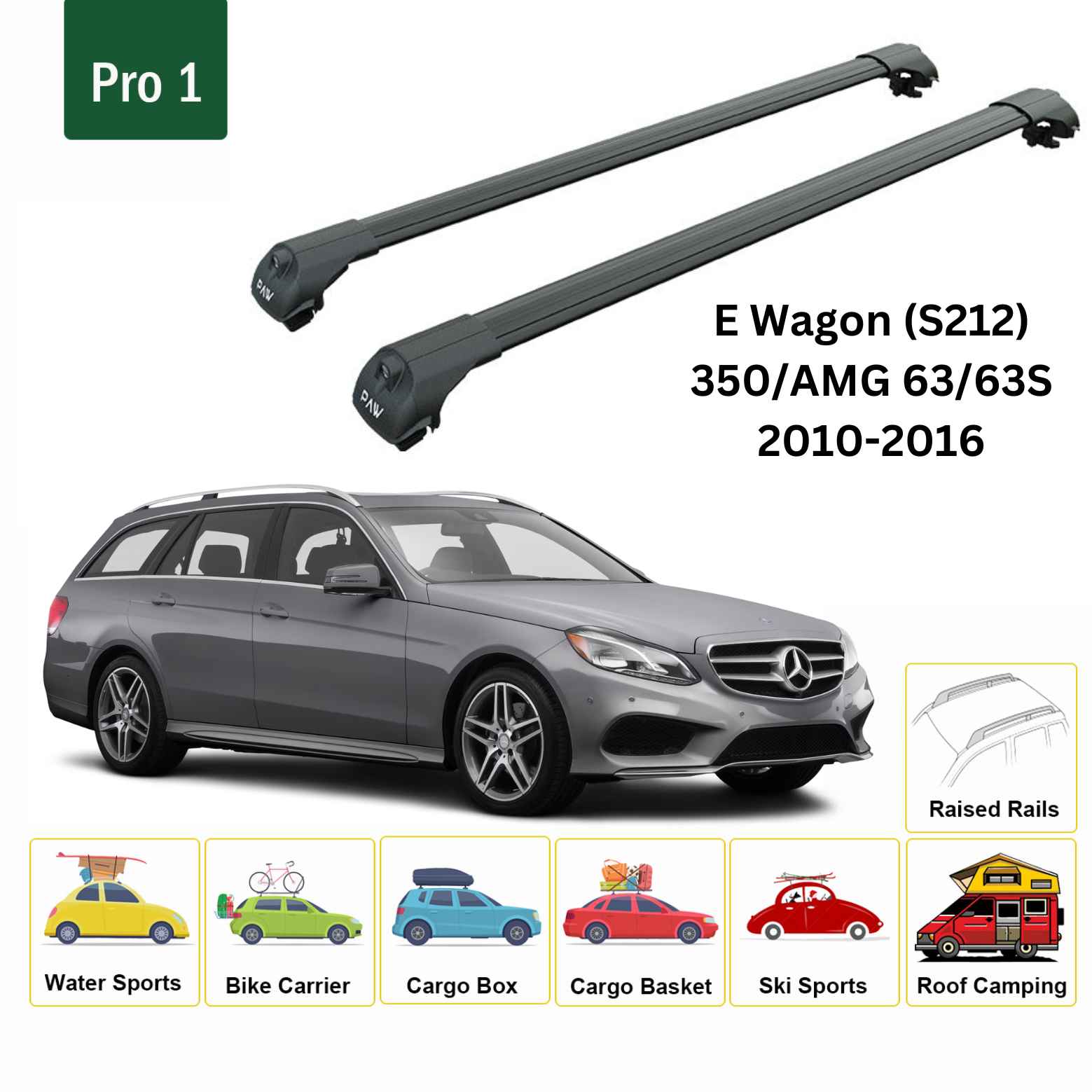 For Mercedes E Wagon S212 2010-16 Roof Rack Cross Bars Raised Rail Alu Black