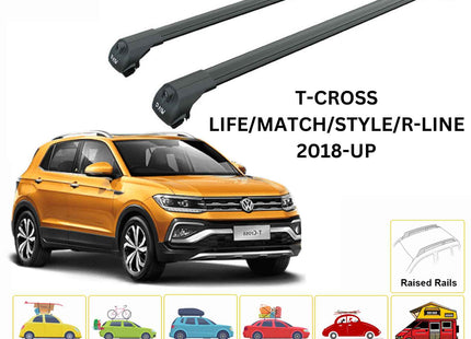 For Volkswagen T-Cross Roof Rack Cross Bar Raised Rail Black