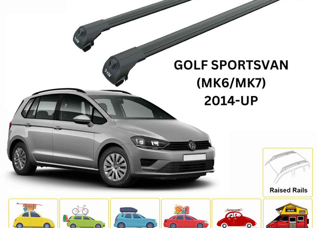 For Volkswagen Golf Sportsvan (MK6/MK7) 2014-Up Roof Rack Cross Bar Raised Rail Alu Black