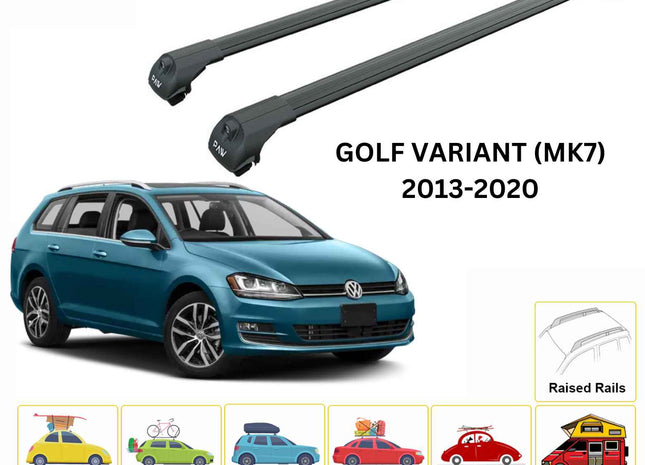 For Volkswagen Golf Variant (MK7) 2013-20 Roof Rack Cross Bar Raised Rail Alu Black