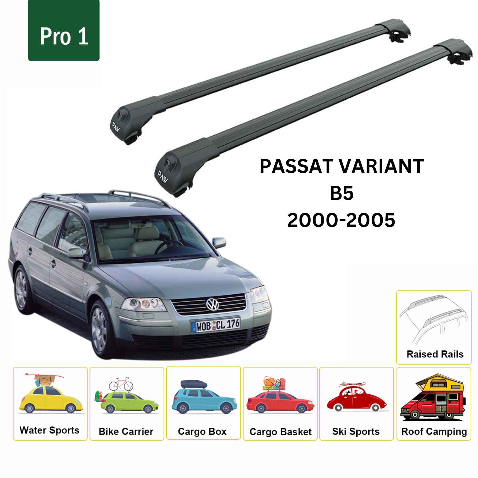 For Volkswagen Passat Variant B5 2000-05 Roof Rack Cross Bar Raised Rail Alu Black