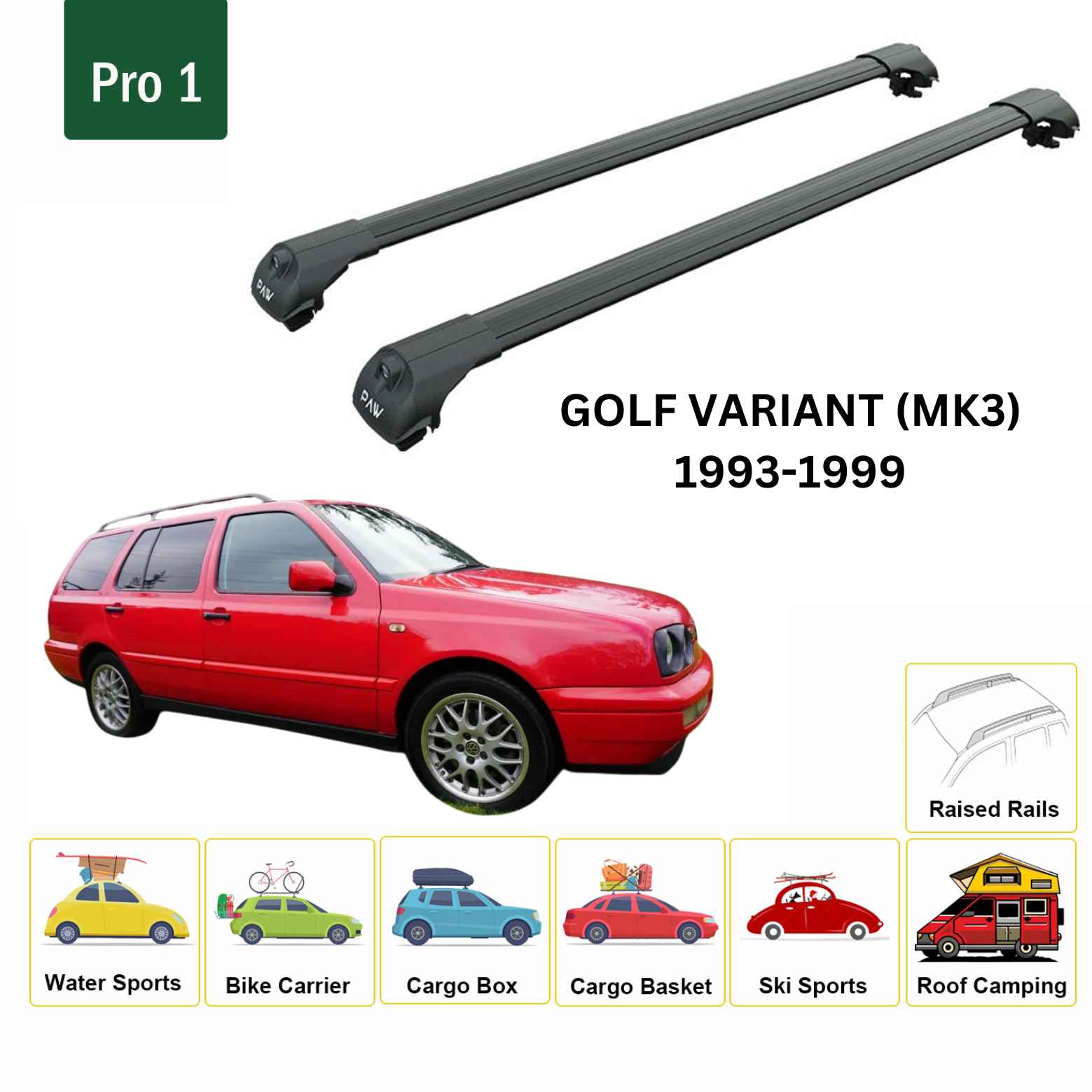 For Volkswagen Golf Variant (MK3) 1993-1999 Roof Rack Cross Bar Raised Rail Alu Black