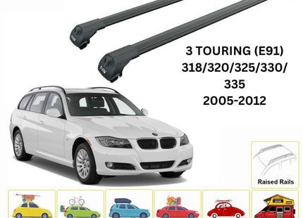 For Bmw 3 Touring E91 2005-2012 Roof Rack Cross Bars Raised Rail Black