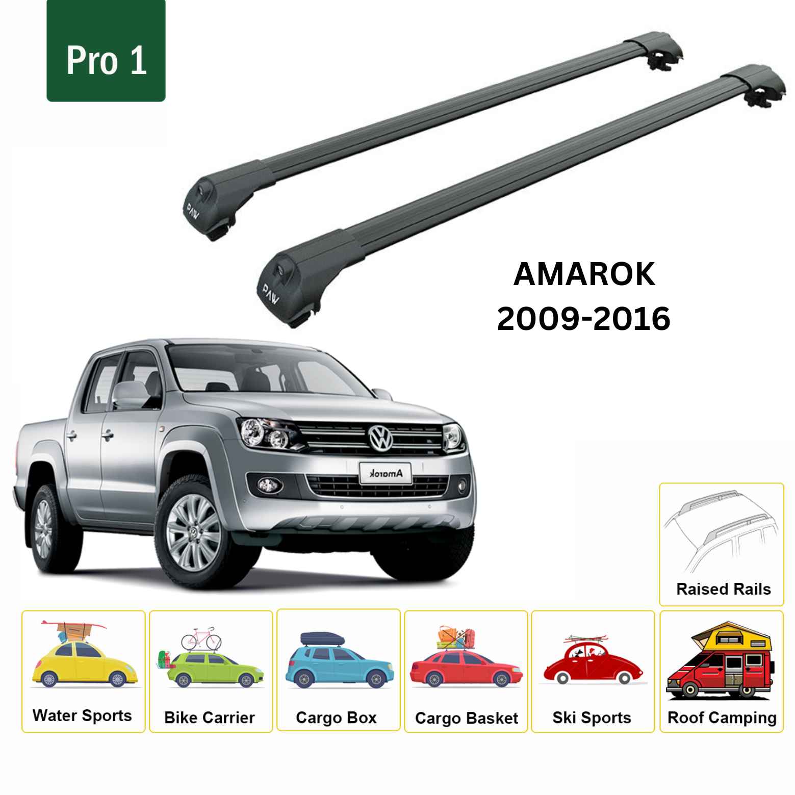 For Volkswagen Amarok 2010-2021 Roof Side Rails and Roof Rack Cross Bar Alu Black