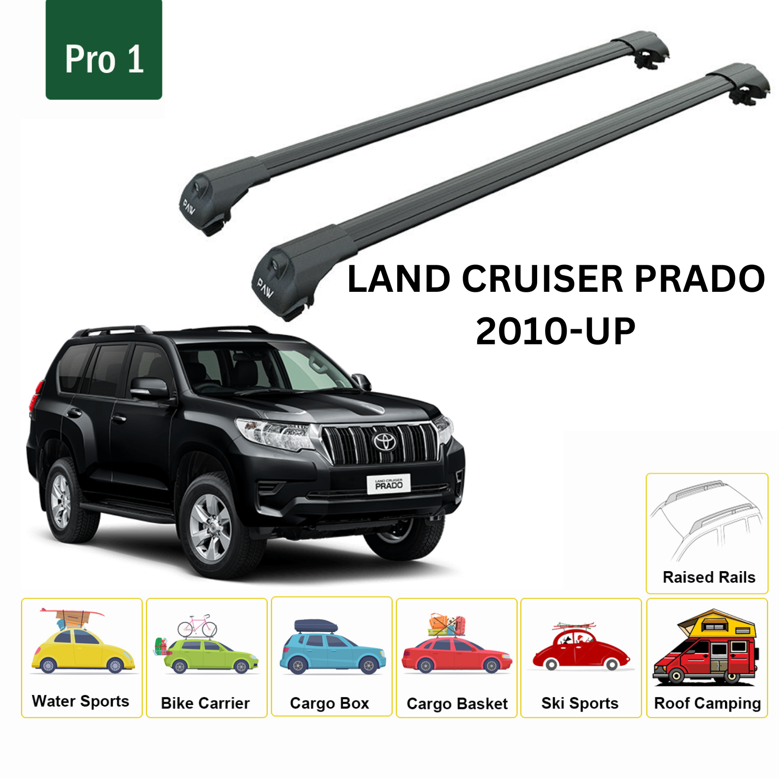 For Toyota Land Cruiser Prado j150 Roof Rack Cross Bars Raised Rail Black 2009-2022