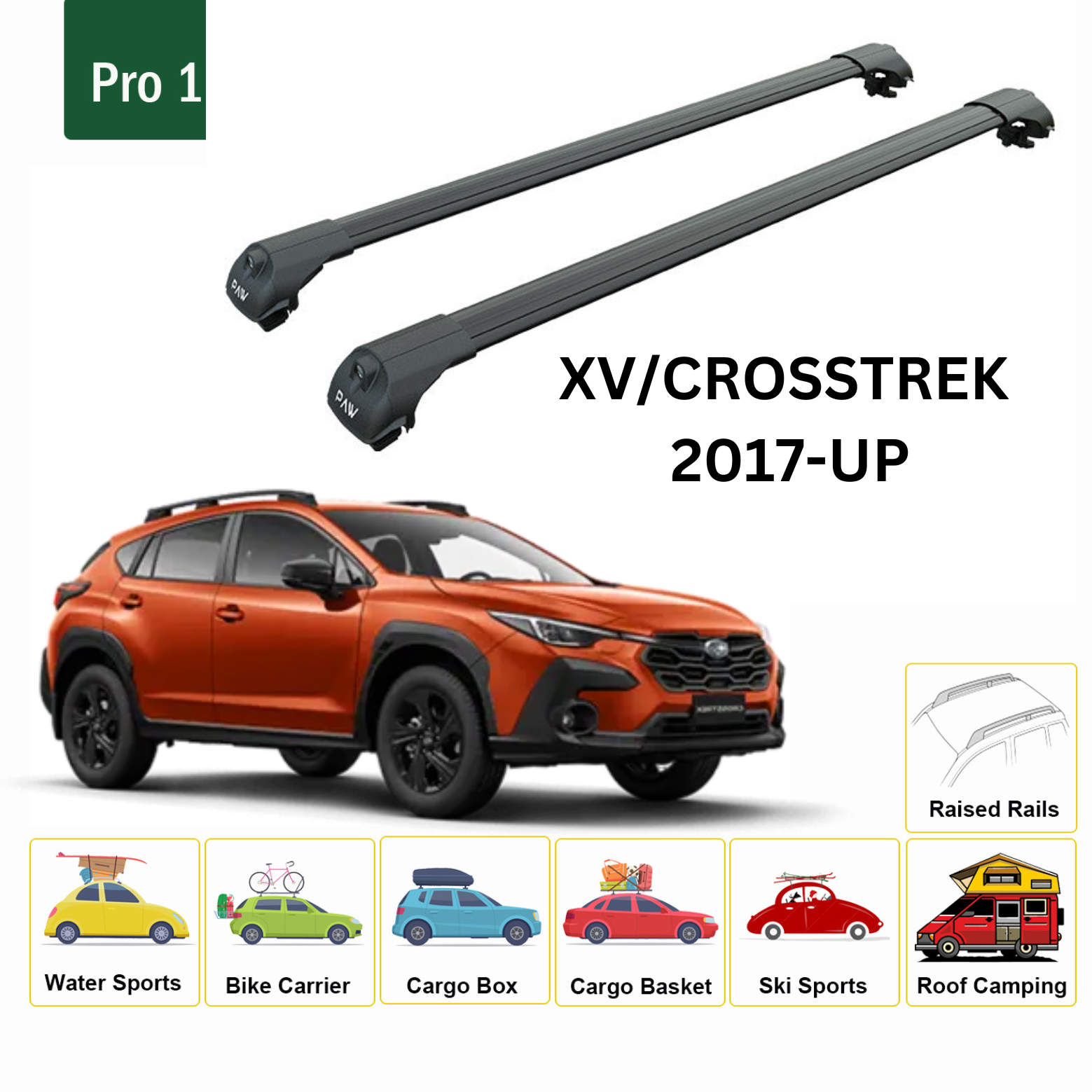 Compatible with Subaru Crosstrek 2017- Onwards upgraded roof rail model, Roof crossbars Black Color