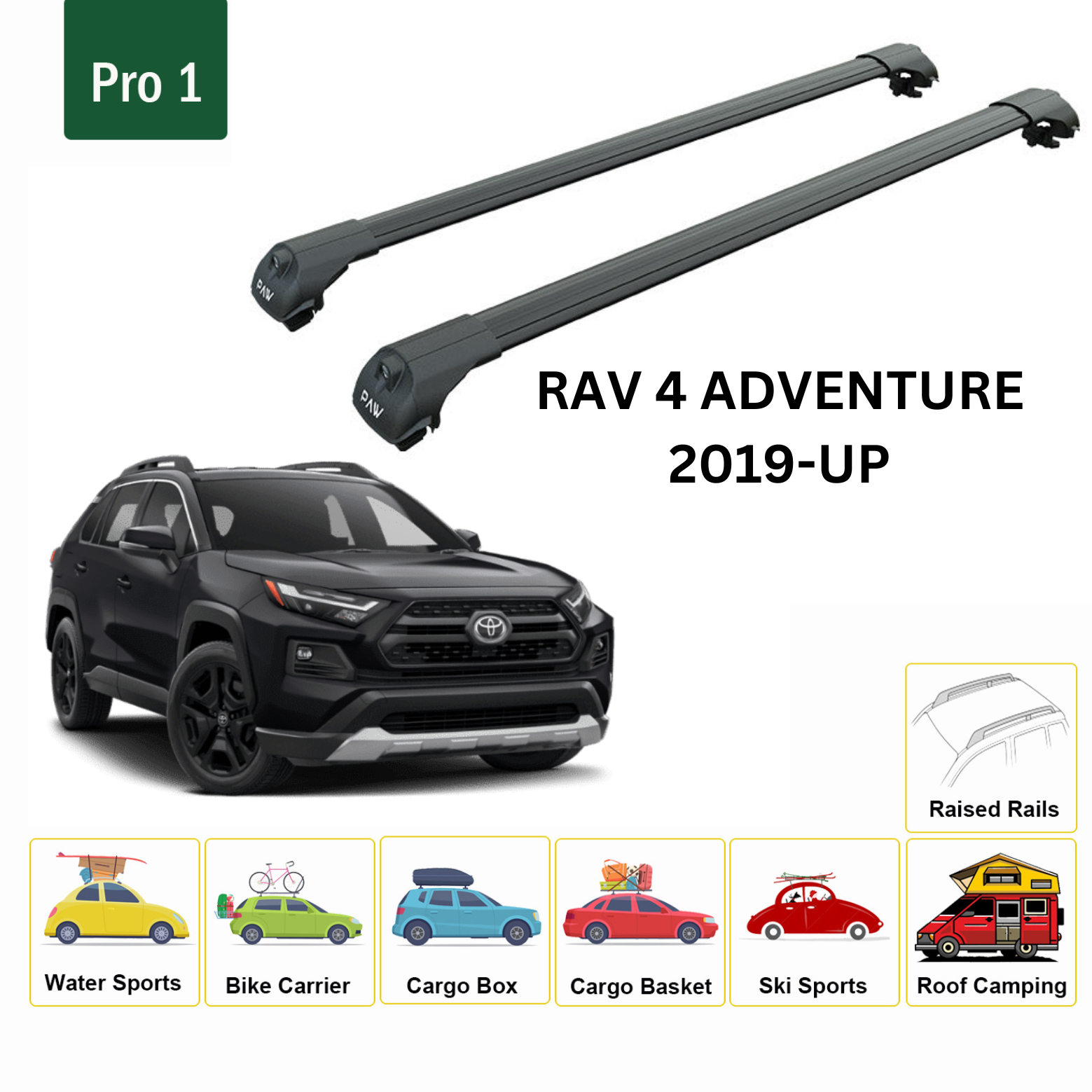 For Toyota Rav4 Adventure Roof Rack Cross Bars Metal Bracket Raised Rail Alu Black 2019-Up