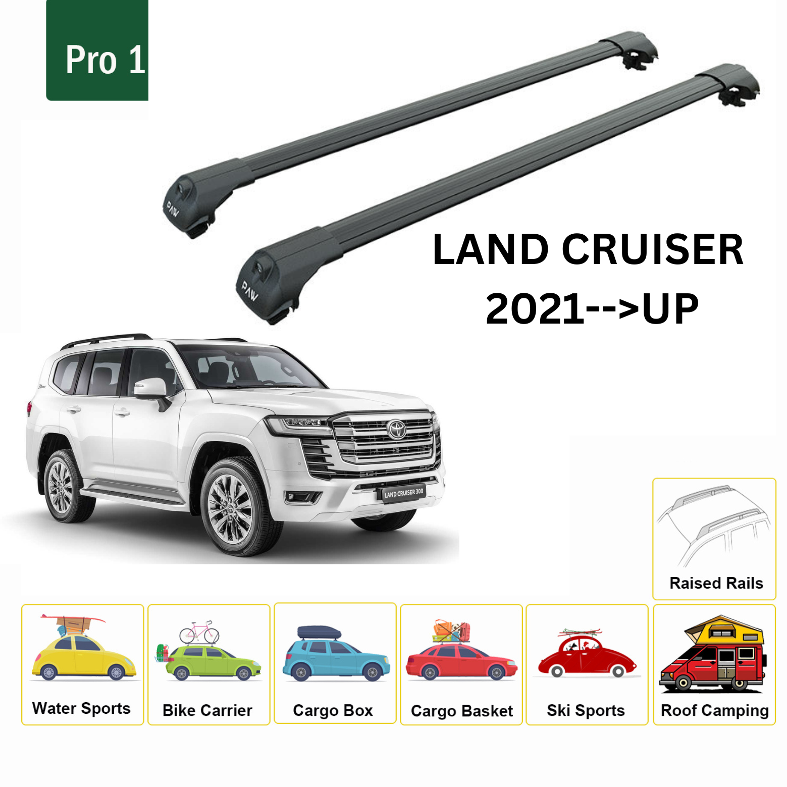 For Toyota Land Cruiser j300 Roof Rack Cross Bars Raised Rail Black 2021- Up