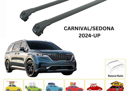 For Kia Carnival/Sedona 2024-Up Roof Rack Cross Bars Raised Rail Alu Black