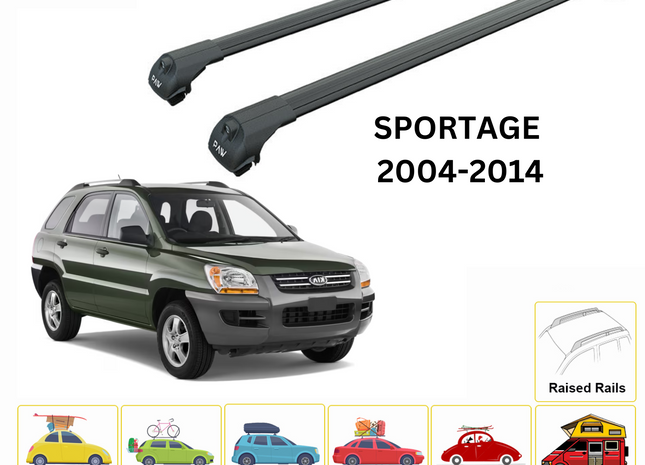 For Kia Sportage 2004-2014 Rack Cross Bars Raised Rail Alu Black