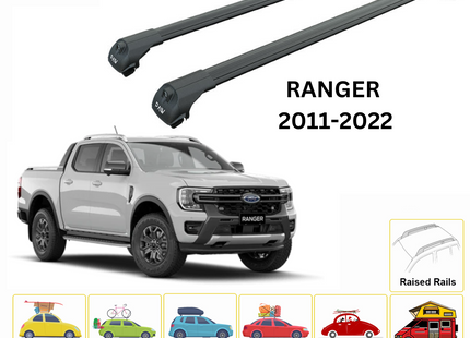 For Ford Ranger 2011-2022 Roof Rack Cross Bars Raised Rail Black