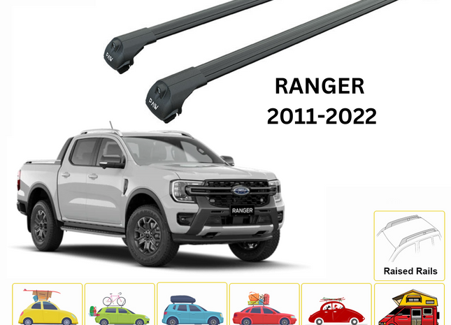 For Ford Ranger 2011-2022 Roof Rack Cross Bars Raised Rail Black