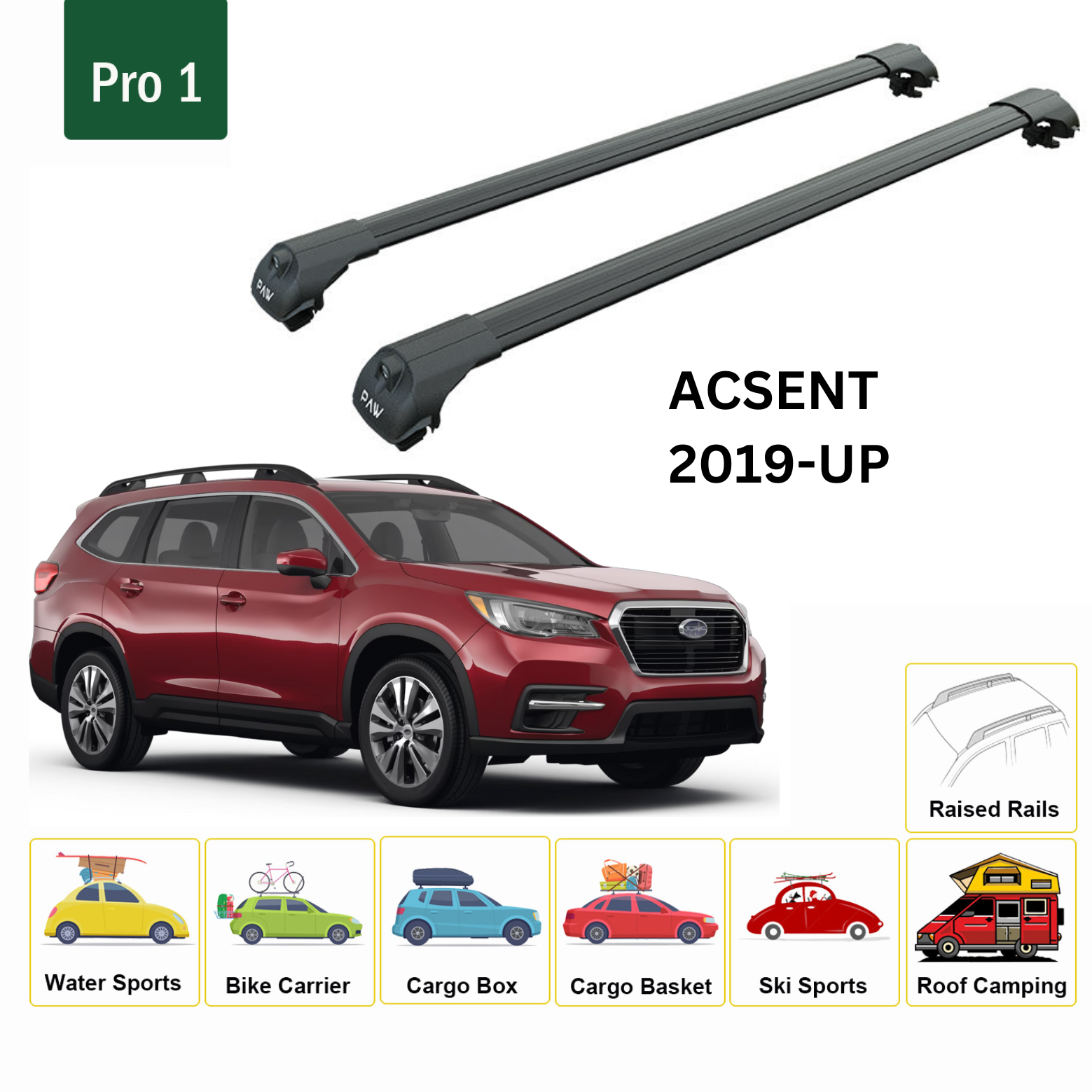 For Subaru Ascent 2019-Up Roof Rack Cross Bars Metal Bracket Raised Rail Alu Black