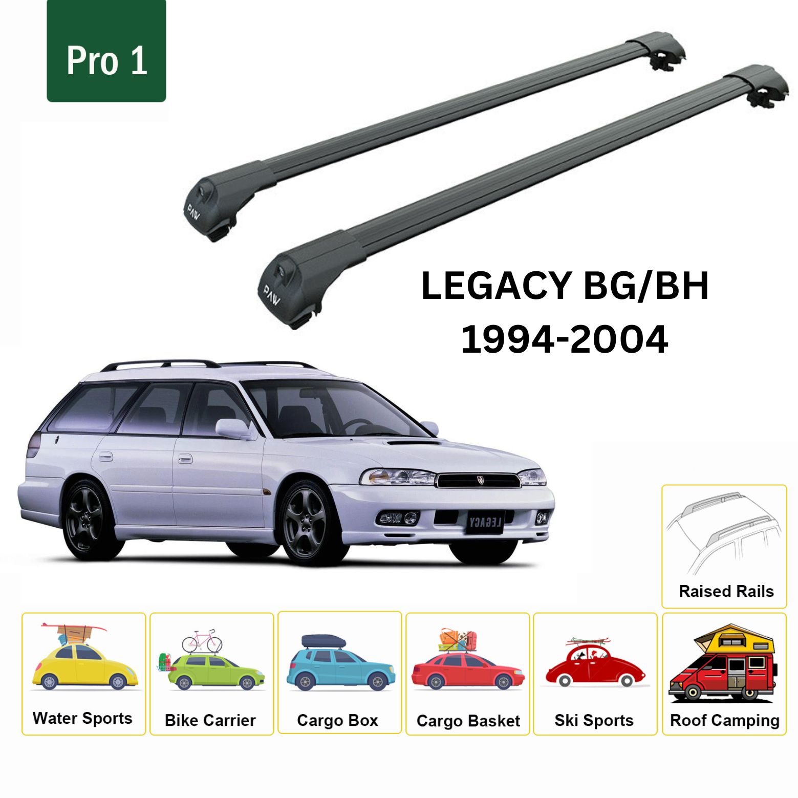 For Subaru Legacy Estate BH 1994-04 Roof Rack Carrier Cross Bars Metal Bracket Raised Rail Alu Black