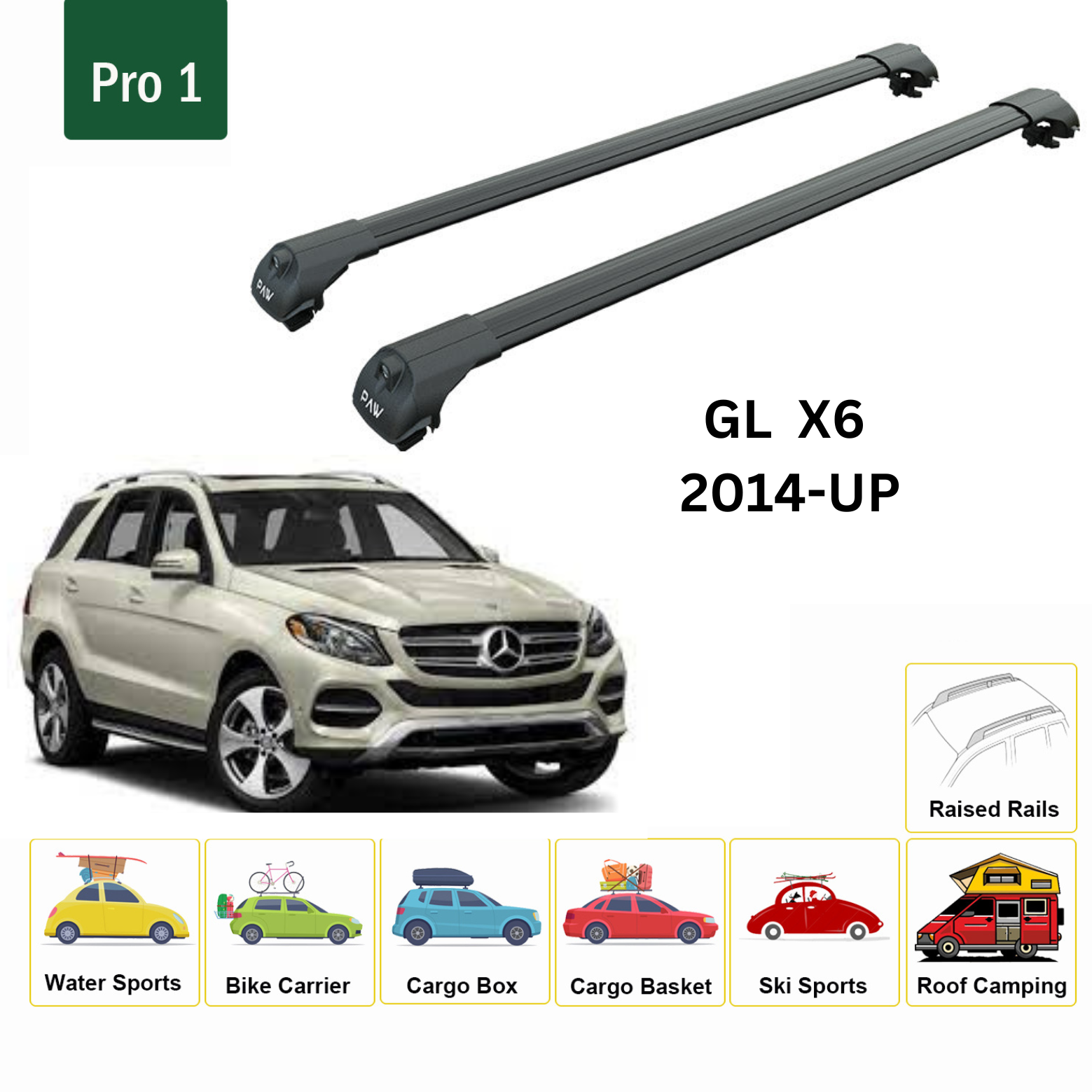 For Mercedes Benz GL X6 2014-Up Roof Rack Cross Bars Metal Bracket Raised Rail Alu Black