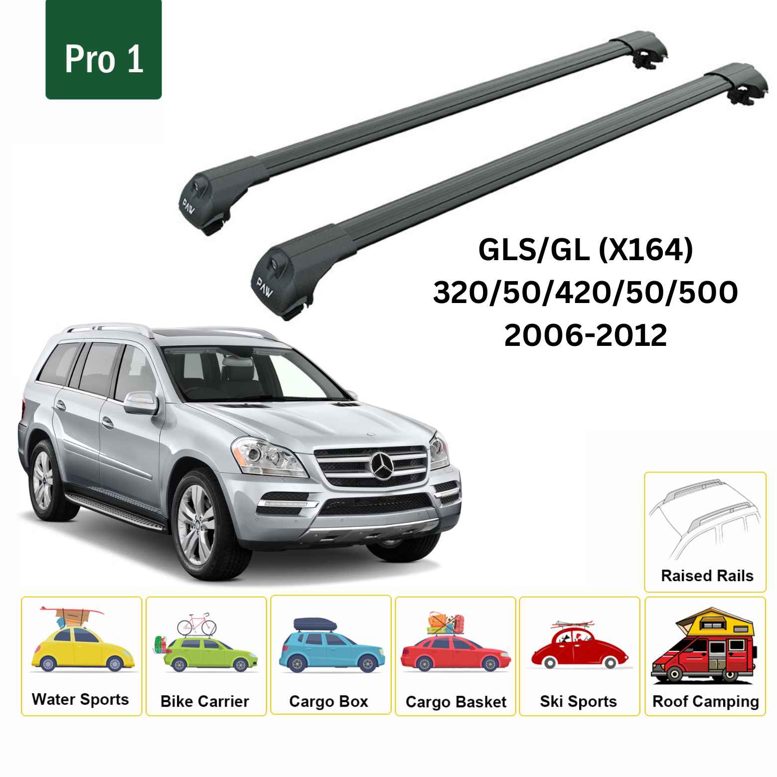 For Mercedes GLS/GL (X164) 2006-12 Roof Rack Cross Bars Raised Rail Alu Black