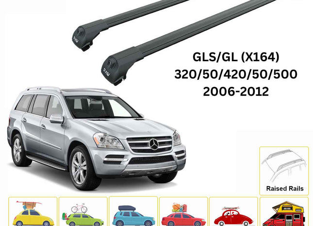 For Mercedes GLS/GL (X164) 2006-12 Roof Rack Cross Bars Raised Rail Alu Black
