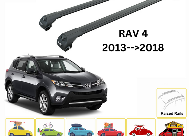 For Toyota Rav 4 2013-18 Roof Rack Cross Bars Raised Rail Alu Black
