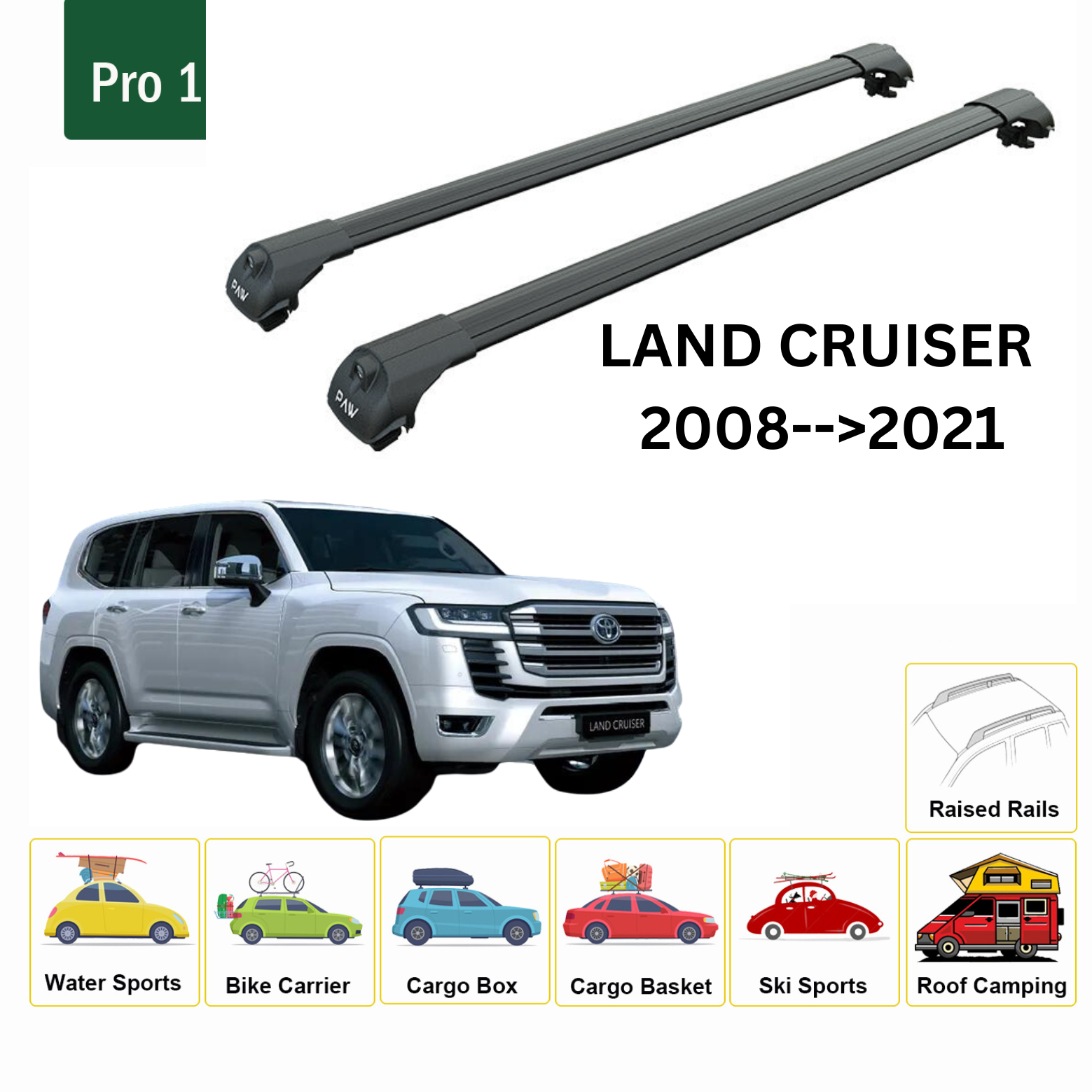 For Toyota Land Cruiser j200 Roof Rack Cross Bars Raised Rail Black 2008-21