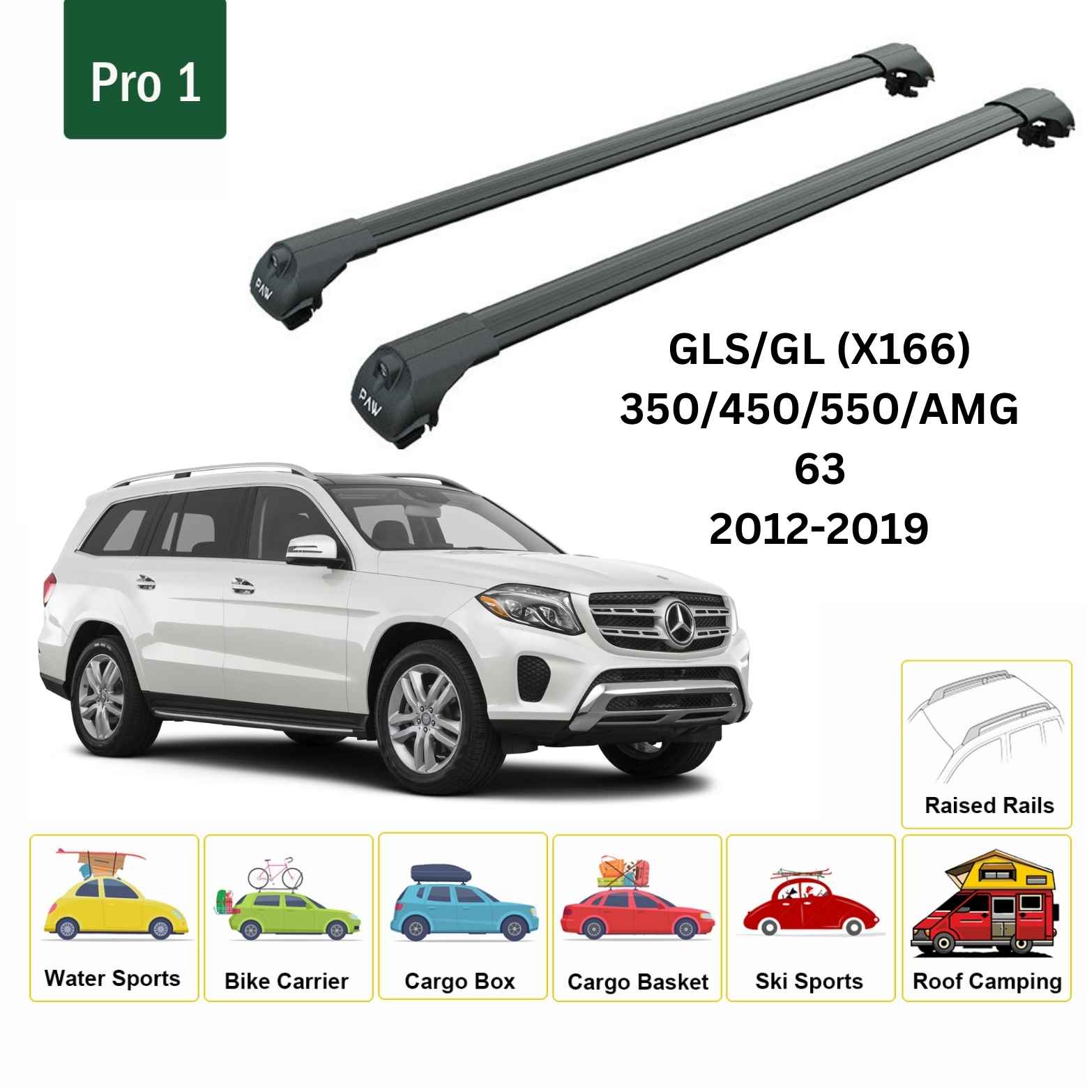 For Mercedes GLS/GL (X166) 2012-19 Roof Rack Cross Bars Raised Rail Alu Black