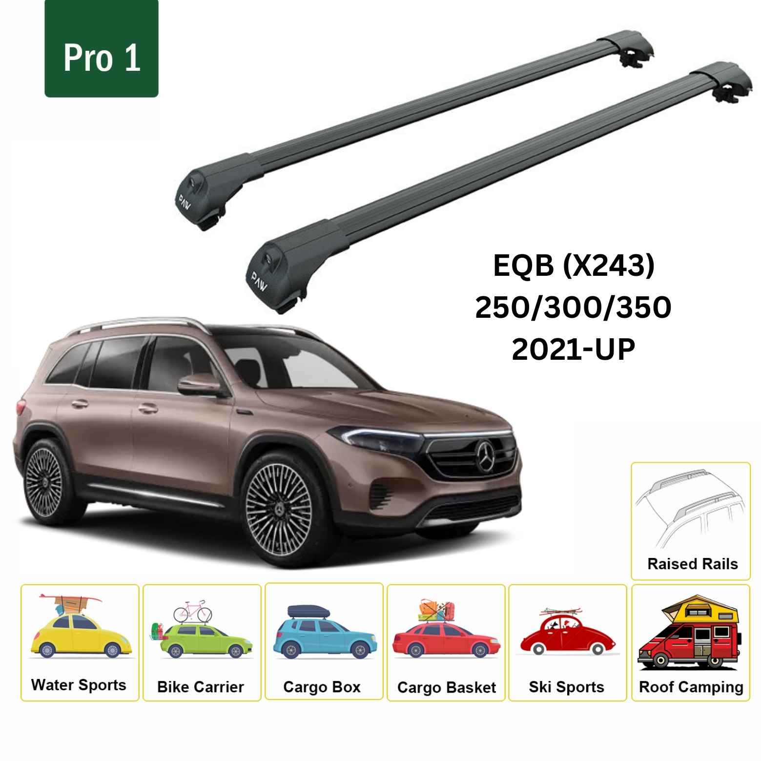 For Mercedes EQB (X243) 2021-Up Roof Rack Cross Bars Raised Rail Alu Black